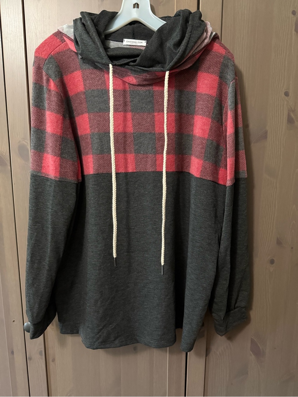 Chicsoul Super Soft Plaid Double Hooded Long SleeveTop- Charcoal and Red